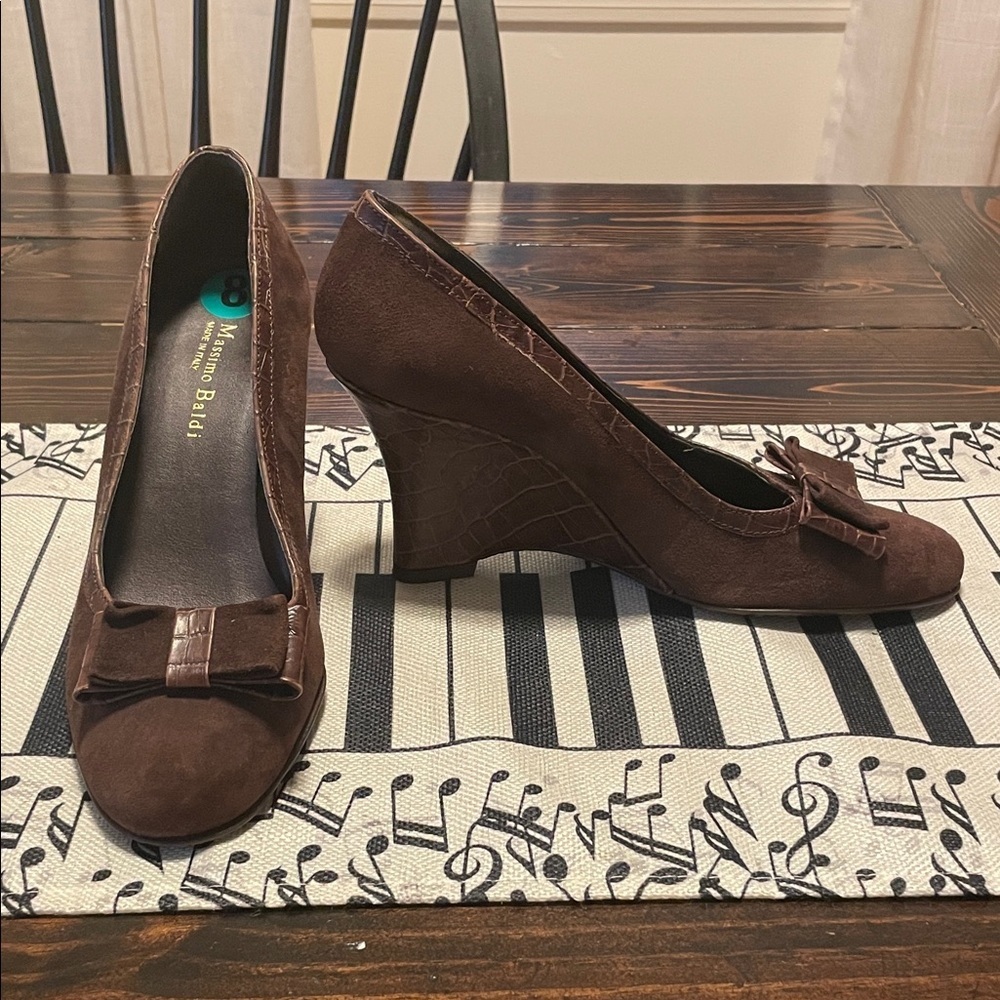 Massimo Baldi Brown Faux Print Wedges Bow Detail